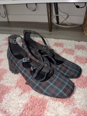 ASOS DESIGN Wide Fit Socco mid block heeled mary jane shoes in plaid